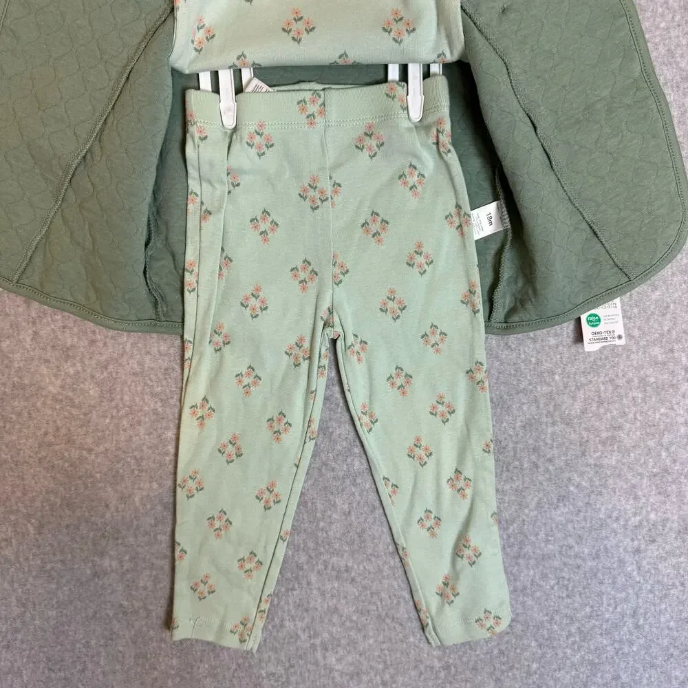 NWT Carters 3pc Outfit Baby Girl Infant Size 18mth Top Bottom Quilted Vest Green